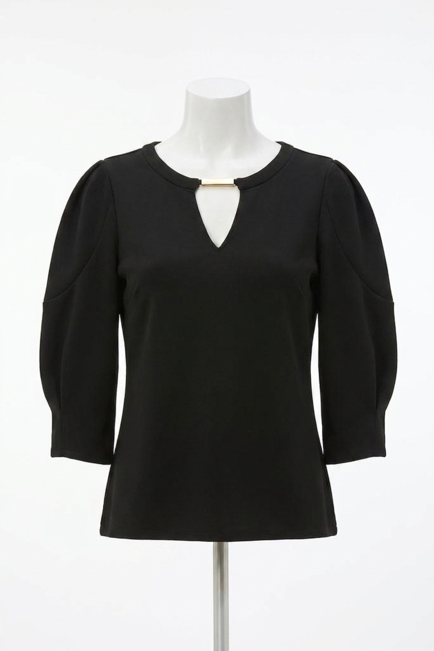 NEW JOSEPH RIBKOFF keyhole neckline 3/4 puffed sleeves top in black